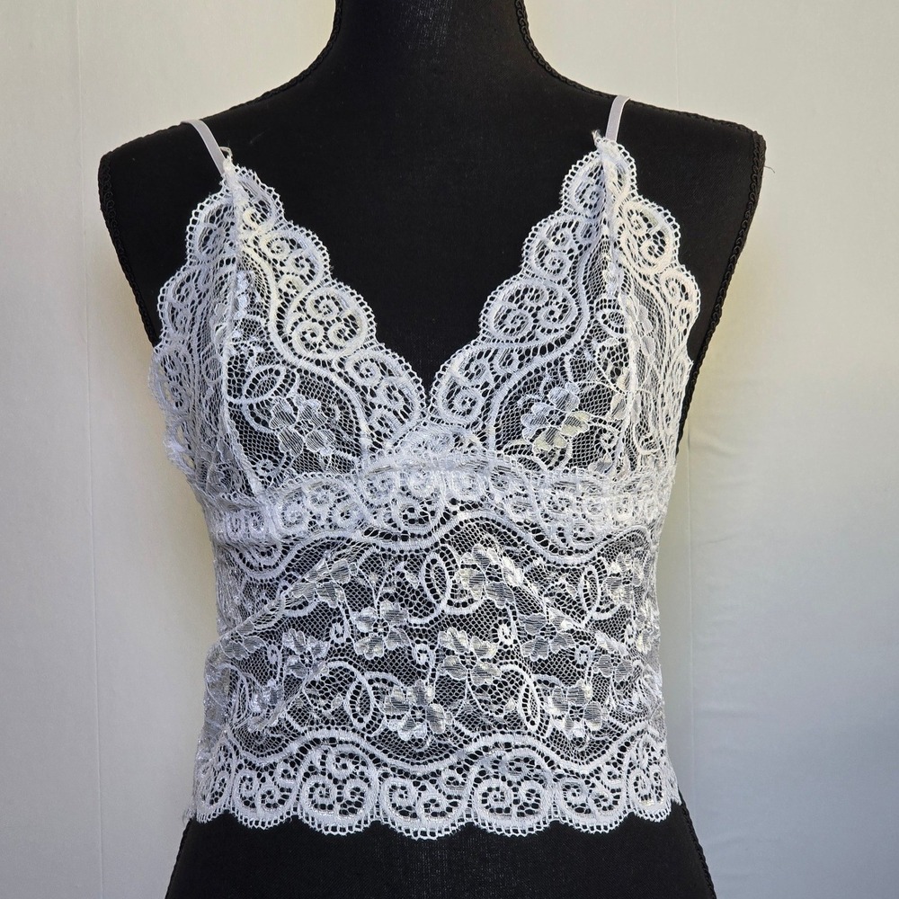 Women's White Lace Bralette Cami Top Sheer Floral Scalloped Hem